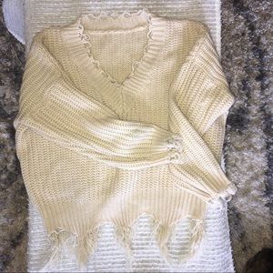 Zaful Cream Cropped Distressed Hem Sweater
